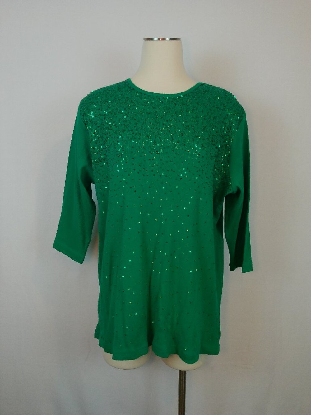 Sweater Quacker Factory Emerald/Jade Pullover Sequins 3/4 Sleeve Size 1X